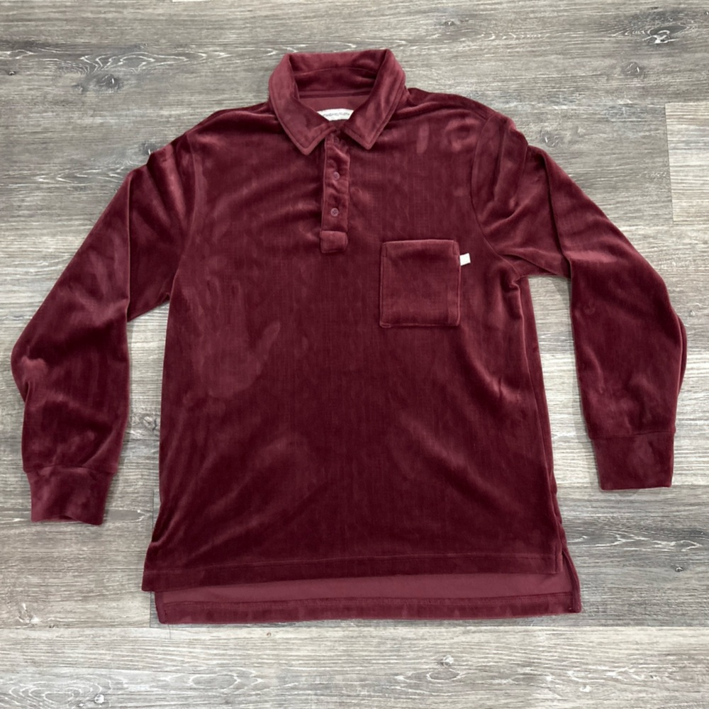 Standard/Cloth Men’s Velour Shirt 1/4 Button Collar Chest Pocket Burgundy Size M